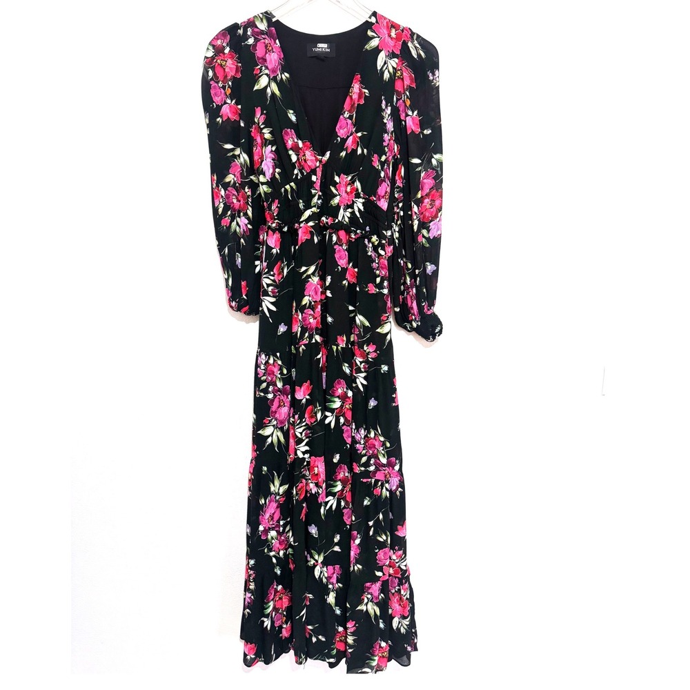 Yumi Kim Frida Black Pink Floral Tiered Peasant Maxi Dress Long Sleeve